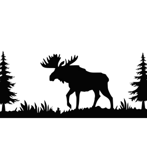 Laser-cut aluminum wall art of a moose in a forest clearing with four trees. The silhouette style and textured finish add contrast, perfect for rustic interiors.